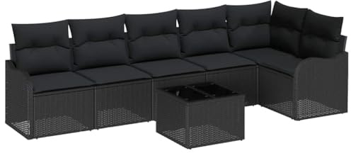 vidaXL 7-teiliges Outdoor-Sofa-Set mit Kissen in Schwarz ausPoly Rattan für Garten und Terrasse. Modulares, bequemes Lounge-Möbel für die Terrasse.