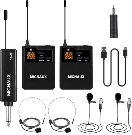 MICNAUX Wireless Lapel Microphone System with Headset & Lavalier Mics, Dual Bodypack Transmitters, Mini Rechargeable Receiver, 48 Channels in 500MHz UHF Band, 260ft Range for Wedding Speech Church