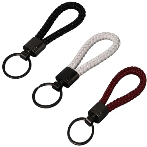 Mjzzh 3-teiliges Set aus geflochtenen Leder-Schlüsselanhängern mit Zinklegierung-Verschluss, geeignet für Autos, Camping und Wanderungen (schwarz, weiß, weinrot)