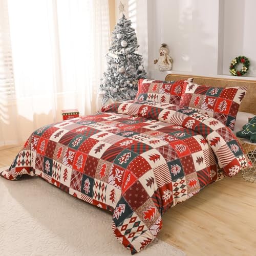 DXHOME Weihnachten Bettwäsche Set 155x220cm Rot Tannenbaum Weiche Mikrofaser Teenager für Mädchen Jungen Geschenke für Kinder Bettbezug mit Reißverschluss + 1 Kissenbezug 80x80 cm