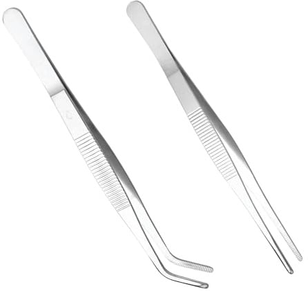 Wcawnlt Lot de 2 Pince A Epiler Brucelle Precision Professionnelle Haute Précision Inox Argenté, 1 Droite 1 Courbée, 14 cm, Antidérapante pour Jardinage, Soins, Couture, Électronique