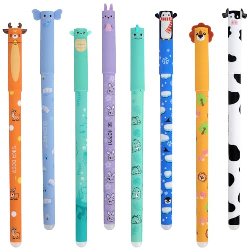 XRVRILE 8 Stück Radierbare Stifte, Radierbarer Kugelschreiber Set, 8 Farben Gelstifte Radierbar mit Tierdesign, Löschbare Gelstifte Als Tintenroller Radierbar für Schule Büro Geschenk
