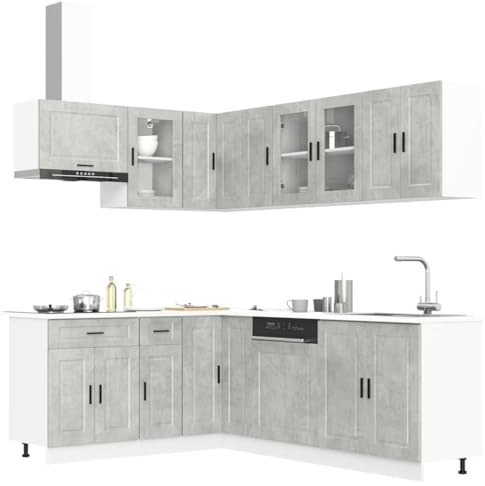 Teenpull 11-teiliges Küchenschrank-Set Porto Betongrau, Moderne Küchenzeile aus Holzwerkstoff & Glas, großer Vorratsschrank, Buffetschrank, Aufbewahrungsschrank, langlebig, pflegeleicht