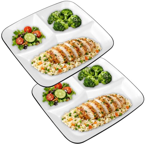 2 Pcs Ceramic Divided Plates, 3 Section Dinner Plate for Adults, Square | Divided Dinner Plates, 26 x 22.7cm, Microwave Dishwasher Safe, White Sectional Plates for Balanced Meals