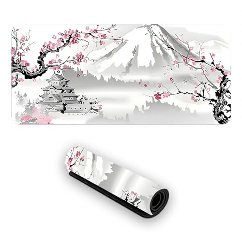 Tapis de souris de jeu Blanc XXL 900 x 400 mm Sakura Tapis de souris étendu Grand tapis de bureau à base en caoutchouc Tapis de souris antidérapant Style japonais pour jeux de bureau, PC, ordinateur