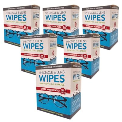 CS Spectacle & Lens Wipes, 324 x Wipes, Glasses Wipes, Sunglasses Cleaner, Smear Free, Suitable for Glasses, Cameras, Binoculars & Smartphone Screens, Individually Wrapped, 6 Packs of 54