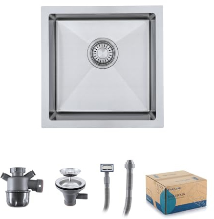 Evier Inox 1 Bac Avec Siphon Évier de Cuisine Sans Trou de Robinet 40×40 cm | Évier Inox Brossé Acier Inoxydable | Avec Trop-Plein et Kit de Vidange pour Cuisine Extérieure de Camping Car