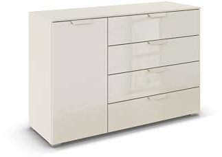 Rauch Möbel ADITIO, Kommode, Farbe Glas Beige, Breite 120 cm | Sideboard im modernen Look, 1-türig, 4 Schubladen, Glasfront, Soft-Close, für Schlafzimmer, Gästezimmer, Wohnzimmer, Flur