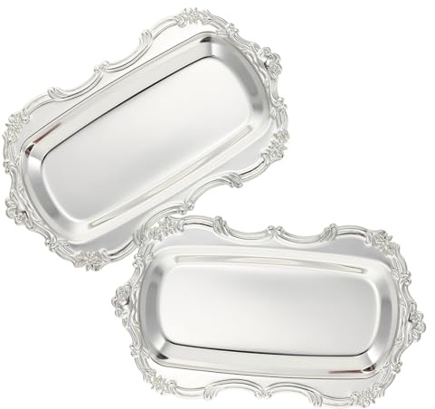 Cabilock Lot de 2 Plateaux de Service Rectangulaires en Fer Argenté Vintage Rustique, Faciles à Nettoyer, pour Dessert et Table Basse Lors de Mariages