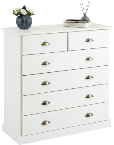 IDIMEX Commode Chambre Paris L 91 cm en Bois Massif Blanc avec 6 tiroirs, Meuble de Rangement Adulte lasuré avec poignées Coquille en métal Style Maison de Campagne
