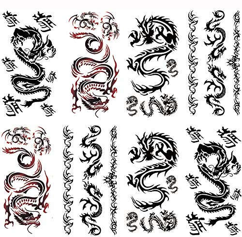 Yesallwas Temporary Tattoo Dragon for Men,Teens Guys,Kids Boys(6 Sheets), Waterproof Long Lasting Fake Tattoos Stickers for Arms Shoulders Chest & Back- Biker Tattoos 9cmx19cm/3.54x7.48inches(LxW)