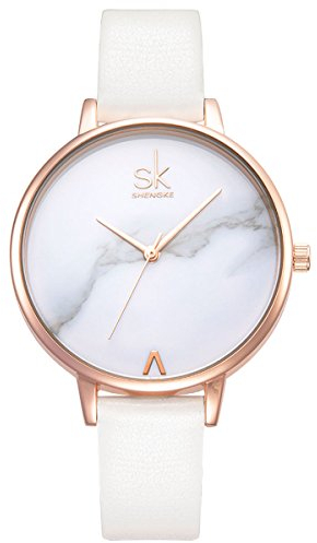 Alienwork Montre Femme Or Rose Bracelet en Cuir Blanc Ultra-Mince élégant
