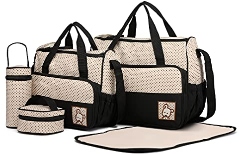 Miss Lulu 5er-Set Baby Wickeltasche Babytasche Tasche Mutter Windeltasche Handtasche Schultertasche Flaschenhalter mit wickelunterlage (Schwarz)