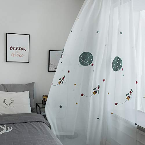 Naturer Weiß Vorhänge Transparent Kinderzimmer 245x140 Sterne Planet Kinder Gardinen Durchsichtig Kräuselband Muster für Babyzimmer Wohnzimmer