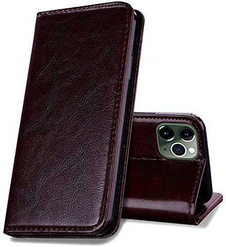 EATCYE Cover per iPhone 11 PRO (5,8 Pollici),Custodia in Vera Pelle Flip Stile Pelle Libro Portafoglio in Pelle Ultra Sottile con Magnetic Closure Paraurti - Marrone Scuro
