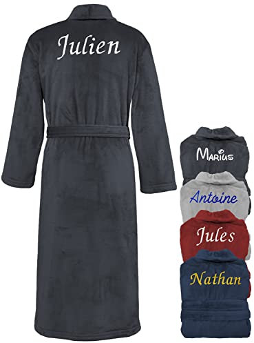 KDO MAGIC Peignoir personnalisé pour homme – Robe de chambre avec prénom brodé – Couleurs multiples – Idée cadeau homme, fête des pères, anniversaire (XL, Anthracite)