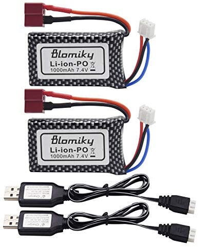 Blomiky 2 Pack 7.4V 2S 1000mAh Lipo Battery T Plug and USB Charger Cable for Q903 Q901 Q902 1/16 Scale Brushless Racing RC Truck Q903 Battery 2
