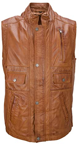 Herren lange Lederweste aus weichem Lammnappa Leder mit Stehkragen - Egon (50, cognac)