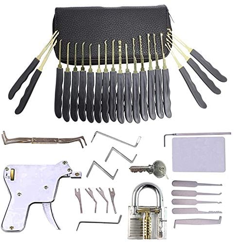 RUIKUN 33-Piece Lock Pick Set With Transparent Training Lock, Credit Card Tool Kit, PU Bag and Gun - Guides for Beginner and Pro Locksmiths