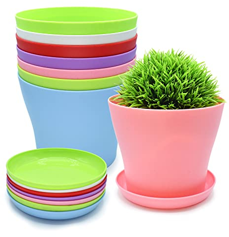 Green Thumbz Small Plant Pots - 13.5cm Decorative Round Small Plant Pots Indoor and Outdoor - Colourful Plant Pots with Tray and Drainage for Seedlings, Flower Pots, Office and House Desk (8 Pack)