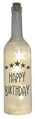 WB wohn trends LED-Flasche mit Motiv, Happy Birthday Sterne, grau, 29cm, Flaschen-Licht Glitzer-Flasche Leuchtflasche Lampe mit Text Spruch