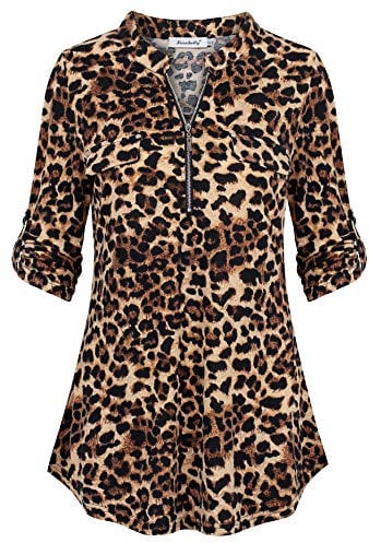 Ninedaily Damen 3/4 Ärmel Plaid Shirts Reißverschluss Floral Casual Tunika Bluse Tops, A-Leopardenmuster, X-Large