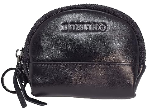 Portamonete in pelle per carte e monete, chiusura con cerniera, portachiavi, nero, s