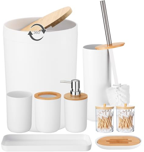 iMucci Badezimmer-Zubehör-Set mit Mülleimer, WC-Bürste, Zahnbürstenhalter, Lotion-Seifenspender, Seifenschale, Zahnbürstenbecher, Qtip-Halter (8 weiße Bambusabdeckung)