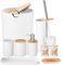 iMucci Badezimmer-Zubehör-Set mit Mülleimer, WC-Bürste, Zahnbürstenhalter, Lotion-Seifenspender, Seifenschale, Zahnbürstenbecher, Qtip-Halter (8 weiße Bambusabdeckung)