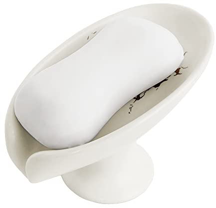 Leaf-Shape Ceramic Soap Dish, Gold Marble Pattern, Easy to Clean, Self Draining Soap Holder, Keeps Soap Dry (White)