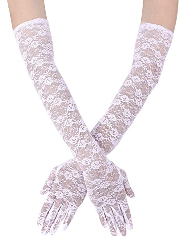 KINBOM Lange Spitzenhandschuhe, Blumen Brauthandschuhe für Hochzeit Spitzenhandschuhe für Damen Teeparty Kostüme der 1920er Jahre Abschlussball Maskerade, Ein Paar, Länge 54cm (Weiß)