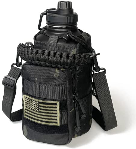 DEFUNX Borraccia da 1,8 litri con manica, borraccia termica da 1,8 l, con cinghia, in acciaio inox, grande, per palestra, sport, allenamento, escursionismo, colore nero mimetico