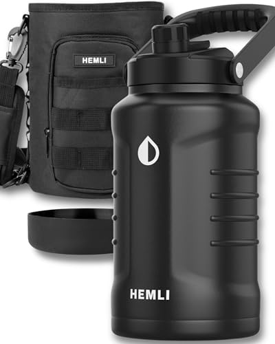 HEMLI One Gallon Water Bottle Insulated, 128 oz Insulated Stainless Steel Water Bottle, One Gallon Jug, Double-Walled Vacuum-Sealed Insulated Beer Growler, with Carrying Case (New Black)
