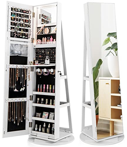 COSTWAY 360°Swivel Jewelry Cabinet, Lockable Jewelry Armoire Storage Unit with Full-Length Mirror & 3-Color Auto-on LED Lights, Home Bedroom Dressing Room Cosmetics Jewellery Organiser (White)