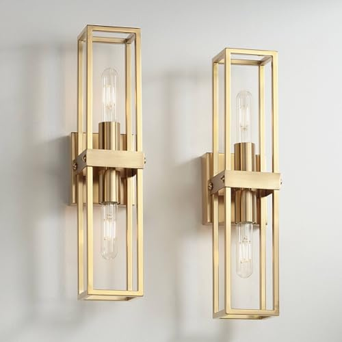 Possini Euro Design Fabian Modern Wall Light Sconces Set of 2 Warm Brass Metal Hardwired 4 2-Light Fixture Open Rectangular Frame for Bedroom Bathroom Vanity Reading Living Room Hallway House