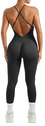 RXRXCOCO Spaghetti Strap Gerippte Ärmellos Jumpsuit Damen Eng Rückenfreie Padded Overall Bauchweg Push Up Scrunch Booty Yoga Sport Einteiler Romper Bodysuit Schwarz M