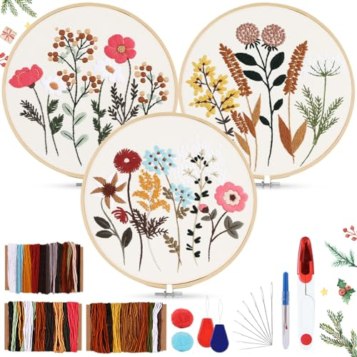 AOTWAN Sticken für Anfänger, Blumenmuster Pflanzen Stickset Erwachsene Stickerei Set mit 2 Stück Bambus Stickrahmen, Anleitung und Werkzeuge, Kreuzstich Set für DIY Kunst, Handwerk