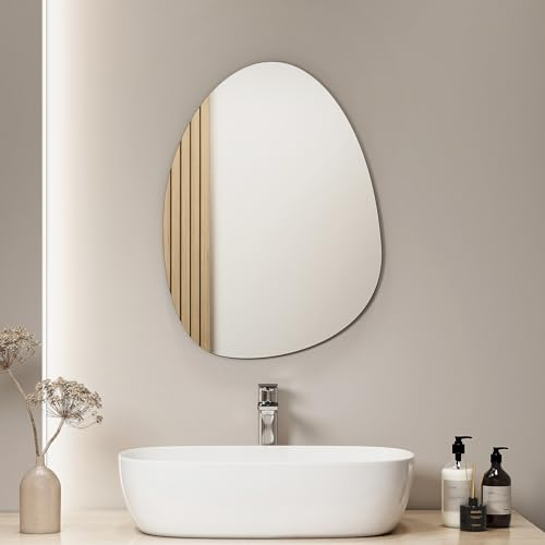 S'AFIELINA Design Spiegel Rund Dekorativer Wandspiegel 45 x 60 cm Glas HD Asymmetrischer Runder Spiegel mit Vier Aufhängelöchern für Badezimmer Schlafzimmer Flur Wanddekoration