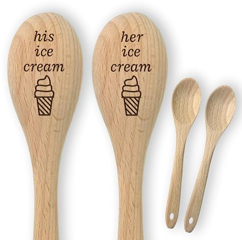 Set mit 2 Mini-Eislöffeln aus Holz mit Gravur, mit Baumwoll-Kordelzug, Geschenkbeutel für Sie und Ihn, zum 5. Jahrestag/Hochzeit/Valentinstag/Weihnachten für Sie und Ihn