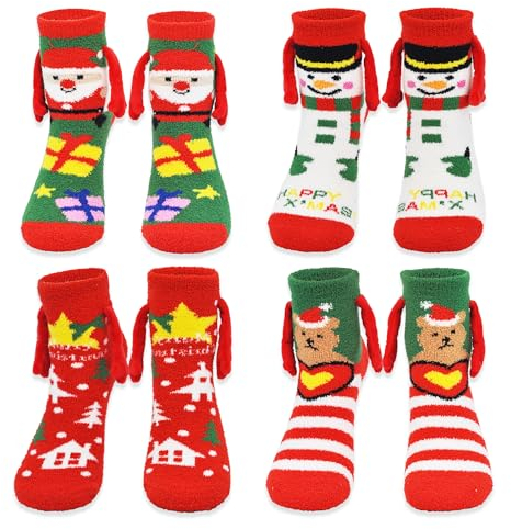 beifon 4 Paar Magnetische Weihnachtssocken für Damen & Herren, Hand in Hand Socken Magnet Weihnachten, 3D Lustige Christmas Socks Paar Socken mit Magnetarmen Freundschaftssocken Händchenhaltend