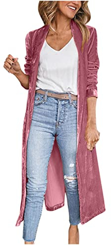 AMhomely Womens Velour Cardigan Long Ladies Cardigan In Colour Velvet Long Sleeve Open Front Jacket Elegant Party Casual Lapel Collar Jacket Drape Outdoor Trench Maxi Coat Clearance Hot Pink XL