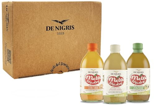 De Nigris 1889 Cofanetto Benessere Aceto Di Mele con Madre Non Filtrato e Biologico, Mela, Curcuma & Zenzero 3x500ml | Aceto Di Mele Biologico Non Pastorizzato Senza Glutine | Aceto Di Mele Con Madre