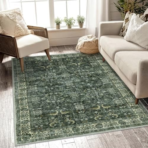 Anidaroel Waschbarer Teppich, Boho-Teppich für Wohnzimmer, Vintage, weich, rutschfest, schmutzabweisend, für Esszimmer, Küche, 12,7 x 17,8 cm, Grün