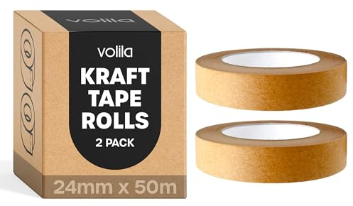 volila Ruban Adhésif Kraft - 2x Rouleaux de Ruban Adhésif en Papier Brun - Ruban Adhésif en Papier Kraft Résistant pour du Ruban de Cadrage et des Colis - Rouleau de Ruban Adhésif (24mm x 50m)