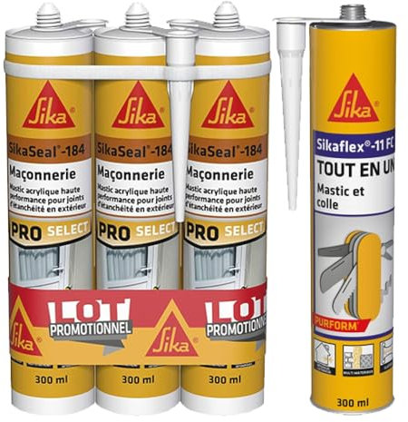 SIKA - Lot de 3 x Mastic acrylique - Réparation de fissures et joints pour fenêtres et murs - Int & Ext - Blanc - 3x300ml + Mastic-Colle PU - Tout en 1 - Multi-matériaux - Int/Ext - Blanc - 300ml