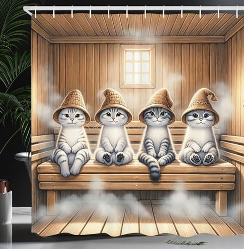 ABAKUHAUS Katze Duschvorhang, Verspielte Szene mit glücklichen Kätzchen mit lustigen Zauberhüten in der Sauna, Stoffliches Gewebe mit Haken, 175 x 200 cm, Pastellbraun Blasses Grau