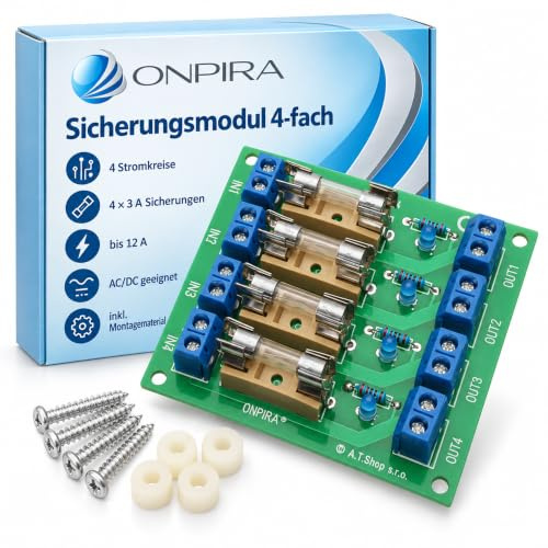 ONPIRA Sicherungsmodul Stromverteiler 12 A – 4 Fach Sicherungsmodul | Für Modellbau, inkl. Montagematerial, 4x 3 A Sicherungen, Gleich- & Wechselstrom, Kontrollleuchten, kompakt & robust