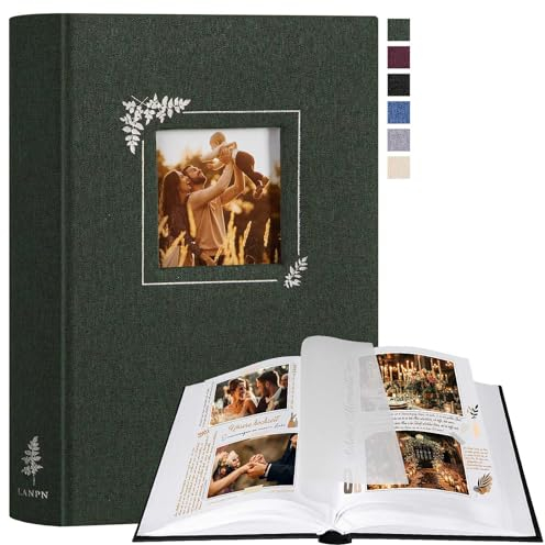 Lanpn Fotoalbum zum Selbstgestalten und Einkleben, Kleines Leinen Fotobuch Fensterdesign 60 weißen Seiten mit Pergamin Trennblätter Fasst 9x13cm 10x15cm 13x18cm Fotos (19x27cm, Grün)