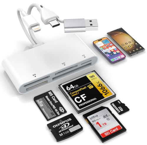 Rocketek 5 in 3 Speicherkartenleser, USB-OTG-Adapter Lightnin-Type C-USB A auf SD/TF/CF/Micro SD/XD/MS, Multi-Kartenleser für iPhone/iPad/Android/MacBook/PC mit Windows/Mac/Linux/Android