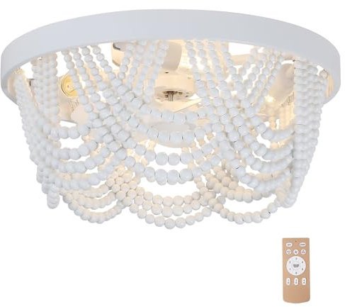 VUDANZYER Boho Wood Beads Ceiling Fan with Light and Remote, 19 Bohemian Caged Ceiling Fan with 6 Speeds, Flush Mount Ceiling Fan for Bedroom Kitchen Living
